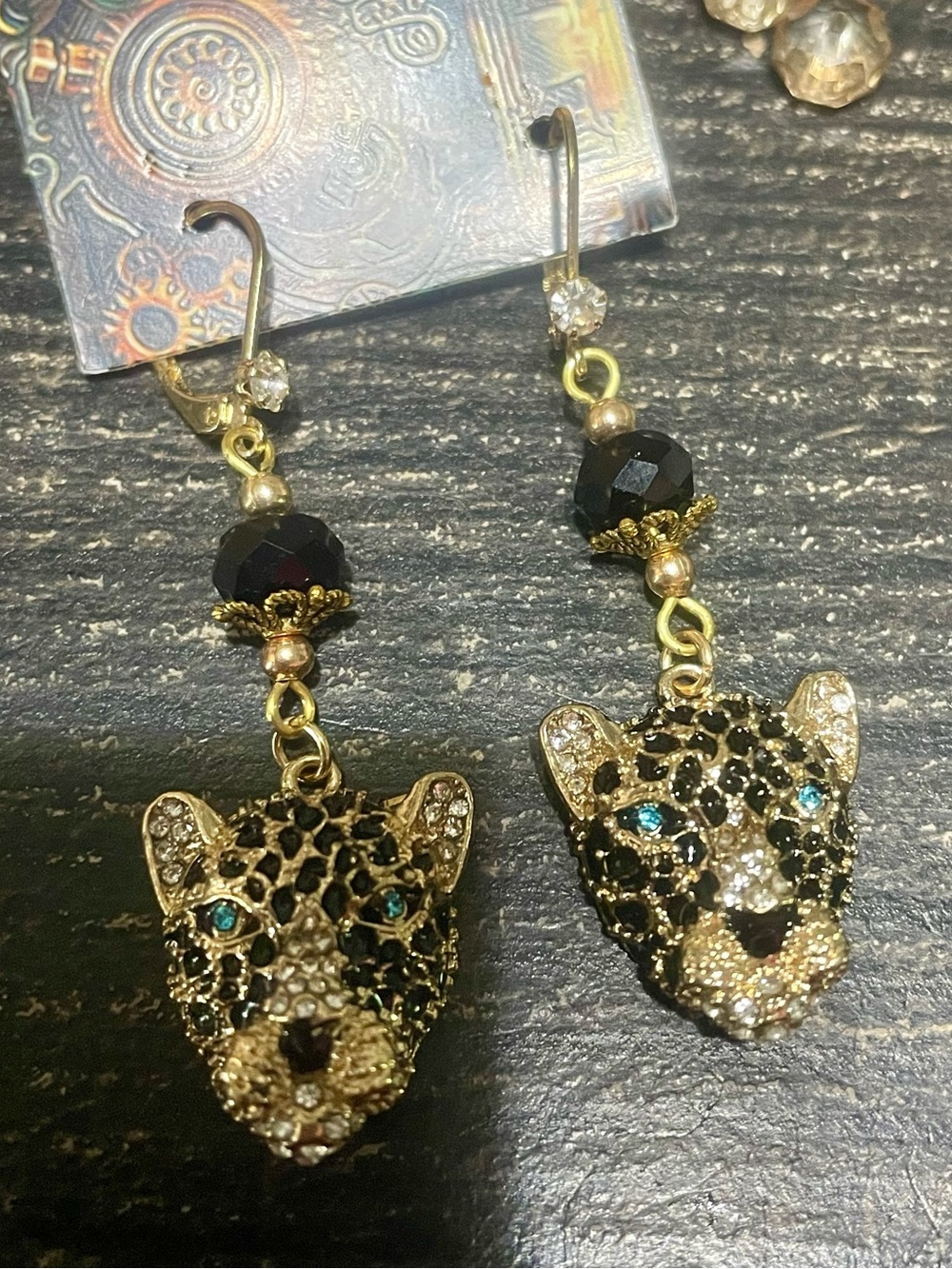 Hand Crafted Gold Leopard Head Drop Earrings with Black and Green Accents - Picture 4 of 8